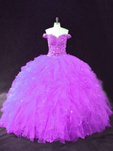 Beauteous Floor Length Purple Quinceanera Gown Tulle Sleeveless Beading and Ruffles