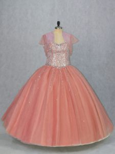 Chic Ball Gowns Sweet 16 Dress Watermelon Red Sweetheart Tulle Sleeveless Floor Length Lace Up