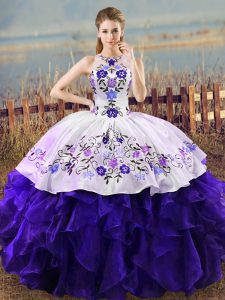 Ball Gowns Sweet 16 Dress White And Purple Halter Top Organza Sleeveless Floor Length Lace Up