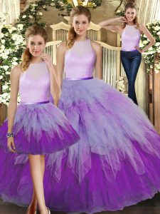 Sleeveless Organza Floor Length Backless Quinceanera Dresses in Multi-color with Ruffles