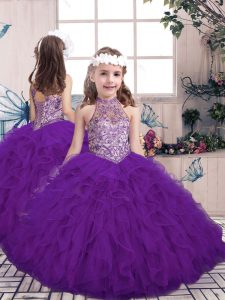 Purple Tulle Lace Up High-neck Sleeveless Floor Length Little Girls Pageant Gowns Beading and Ruffles