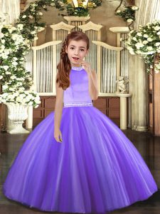 Lavender Ball Gowns Tulle Halter Top Sleeveless Beading Floor Length Backless Little Girl Pageant Dress