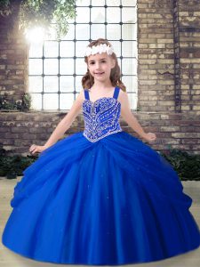 Straps Sleeveless Little Girl Pageant Gowns Floor Length Beading Royal Blue Tulle