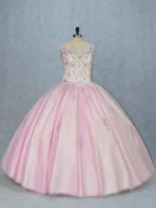 Free and Easy Floor Length Baby Pink Quinceanera Gowns Tulle Sleeveless Beading and Appliques