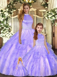 Lavender Ball Gowns Tulle Halter Top Sleeveless Beading and Ruffles Floor Length Backless 15th Birthday Dress