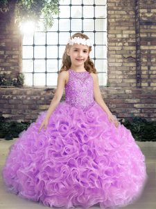 Custom Designed Fabric With Rolling Flowers Sleeveless Floor Length Little Girls Pageant Dress and Beading