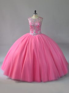 Glittering Pink Lace Up Sweet 16 Quinceanera Dress Beading Sleeveless