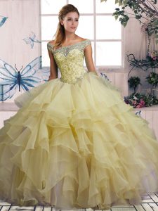 Nice Yellow Sleeveless Floor Length Beading and Ruffles Lace Up Sweet 16 Dresses