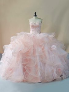 Peach Sweetheart Neckline Beading and Ruffles and Hand Made Flower Quinceanera Dresses Sleeveless Lace Up