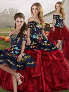 Flare Red And Black Lace Up Off The Shoulder Embroidery and Ruffles Sweet 16 Dresses Organza Sleeveless