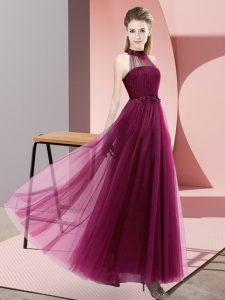 Simple Fuchsia Empire Halter Top Sleeveless Tulle Floor Length Lace Up Beading and Appliques Court Dresses for Sweet 16