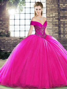 Comfortable Sleeveless Organza Brush Train Lace Up 15th Birthday Dress in Fuchsia with Beading