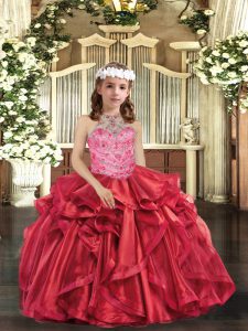 Dazzling Organza Halter Top Sleeveless Lace Up Beading and Ruffles Girls Pageant Dresses in Red