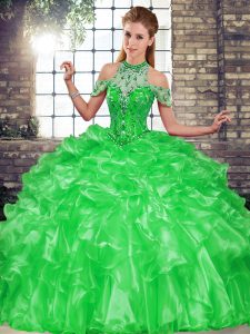 Glorious Green Ball Gowns Organza Halter Top Sleeveless Beading and Ruffles Floor Length Lace Up Ball Gown Prom Dress