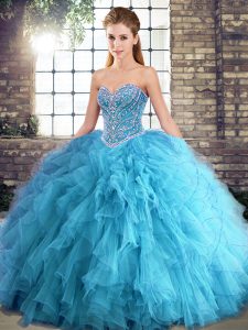 Sleeveless Tulle Floor Length Lace Up Quinceanera Dresses in Aqua Blue with Beading and Ruffles