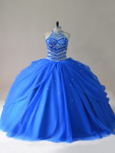 Hot Selling Royal Blue Tulle Lace Up Sweet 16 Quinceanera Dress Sleeveless Floor Length Beading