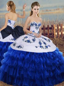 Attractive Royal Blue Sleeveless Floor Length Embroidery and Ruffled Layers and Bowknot Lace Up Ball Gown Prom Dress