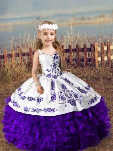 New Style Purple Lace Up Straps Embroidery and Ruffles Little Girl Pageant Dress Organza Sleeveless