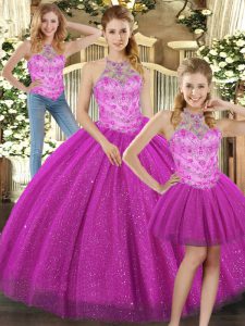 Elegant Floor Length Three Pieces Sleeveless Fuchsia Quinceanera Dresses Lace Up