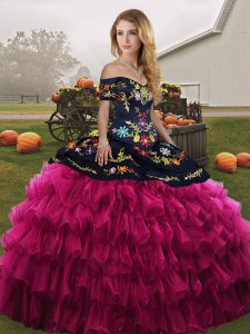 Latest Fuchsia Lace Up Sweet 16 Quinceanera Dress Embroidery and Ruffled Layers Sleeveless Floor Length