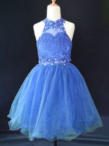 Top Selling Blue Organza Lace Up Little Girls Pageant Dress Sleeveless Mini Length Beading and Lace