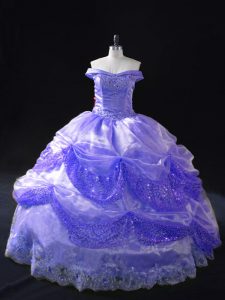 Hot Selling Off The Shoulder Sleeveless Quince Ball Gowns Floor Length Beading and Pick Ups Lavender Organza