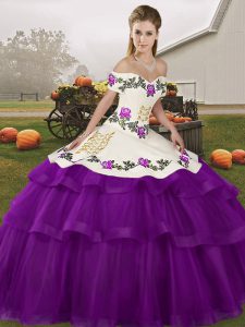 Pretty Lace Up Quinceanera Dresses Purple for Military Ball and Sweet 16 and Quinceanera with Embroidery and Ruffled Layers Brush Train