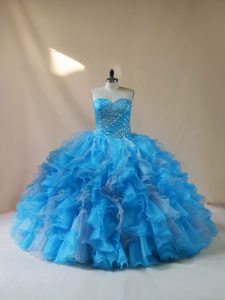 Best Baby Blue Ball Gowns Organza Sweetheart Sleeveless Beading and Ruffles Floor Length Lace Up Sweet 16 Dresses