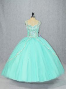 Apple Green Ball Gowns Straps Cap Sleeves Tulle Brush Train Lace Up Beading Quinceanera Dresses