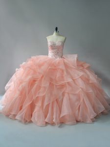 Superior Peach Sweetheart Lace Up Beading and Ruffles 15 Quinceanera Dress Brush Train Sleeveless