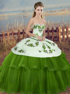 Discount Green Tulle Lace Up Sweetheart Sleeveless Floor Length Ball Gown Prom Dress Embroidery and Bowknot