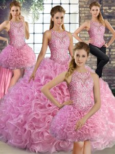 Extravagant Rose Pink Lace Up Scoop Beading Sweet 16 Dress Fabric With Rolling Flowers Sleeveless