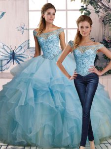 On Sale Beading and Ruffles Sweet 16 Dress Light Blue Lace Up Sleeveless Floor Length