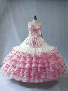 Romantic Pink And White Sleeveless Organza Lace Up Quinceanera Dress for Sweet 16 and Quinceanera