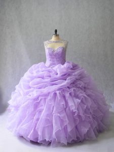 Discount Lavender Organza Lace Up Sweet 16 Quinceanera Dress Sleeveless Brush Train Beading and Ruffles