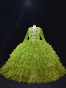 Artistic Floor Length Lace Up Vestidos de Quinceanera Olive Green for Sweet 16 and Quinceanera with Ruffled Layers