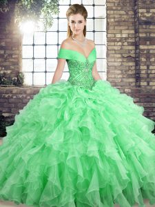 Shining Apple Green Ball Gowns Off The Shoulder Sleeveless Organza Brush Train Lace Up Beading and Ruffles Quinceanera Dress