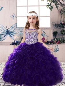 Purple Lace Up Scoop Beading and Ruffles Little Girl Pageant Dress Organza Sleeveless