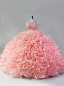 Fabulous Floor Length Zipper Quinceanera Dress Pink for Sweet 16 and Quinceanera with Beading and Ruffles