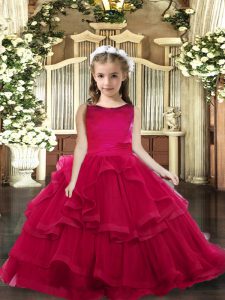 Floor Length Red Kids Pageant Dress Tulle Sleeveless Ruffled Layers