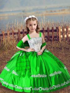 Trendy Green Ball Gowns Straps Sleeveless Satin Floor Length Lace Up Beading and Embroidery Kids Formal Wear