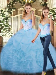 Beading and Ruffles Quince Ball Gowns Blue Lace Up Sleeveless Floor Length