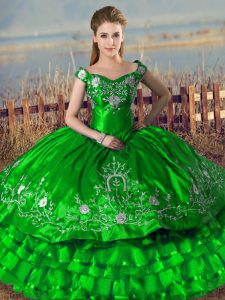 Green Lace Up Off The Shoulder Embroidery and Ruffled Layers Quinceanera Gowns Satin Sleeveless