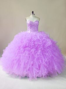 Best Floor Length Lace Up Sweet 16 Dresses Lilac for Sweet 16 and Quinceanera with Beading and Ruffles