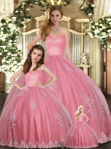 Modern Floor Length Watermelon Red Quinceanera Gown Tulle Sleeveless Appliques