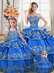 Best Selling Royal Blue Sleeveless Satin and Organza Lace Up Quinceanera Dresses for Sweet 16 and Quinceanera