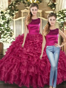 Fuchsia Scoop Lace Up Ruffles Quinceanera Dress Sleeveless