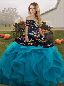 Romantic Teal Sleeveless Tulle Lace Up Quince Ball Gowns for Military Ball and Sweet 16 and Quinceanera