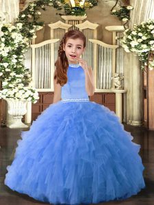 Blue Backless Child Pageant Dress Beading Sleeveless Floor Length