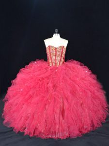 Ball Gowns Sleeveless Coral Red Quinceanera Dress Lace Up